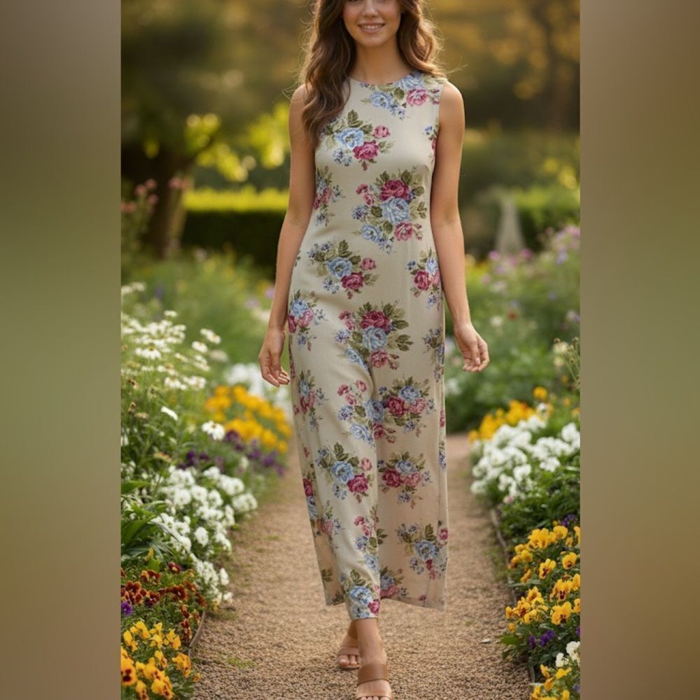 Casual Corner Annex Vintage Linen Blend Floral Sleeveless Midi Dress Size 4